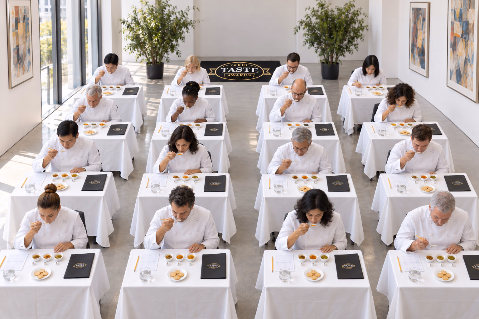 A large assessment panel tasting numbered samples independently